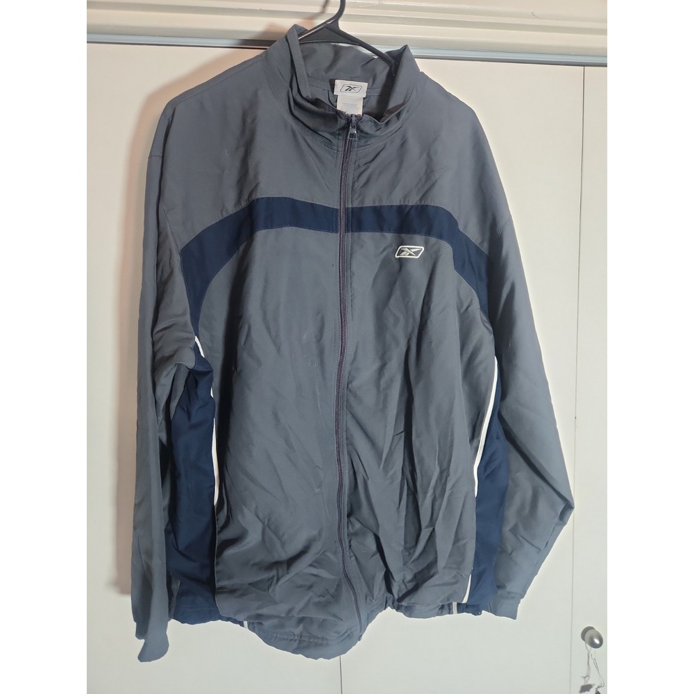 Vintage Reebok Men's Gray With Navy Blue Stripe Full Zip Windbreaker Men's XL